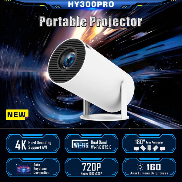 HY300 Pro Portable Mini Projector – WiFi 6 & Bluetooth 5.0 Smart Projector, 720P Native, 4K Support, 180° Adjustable Home Theater Projector